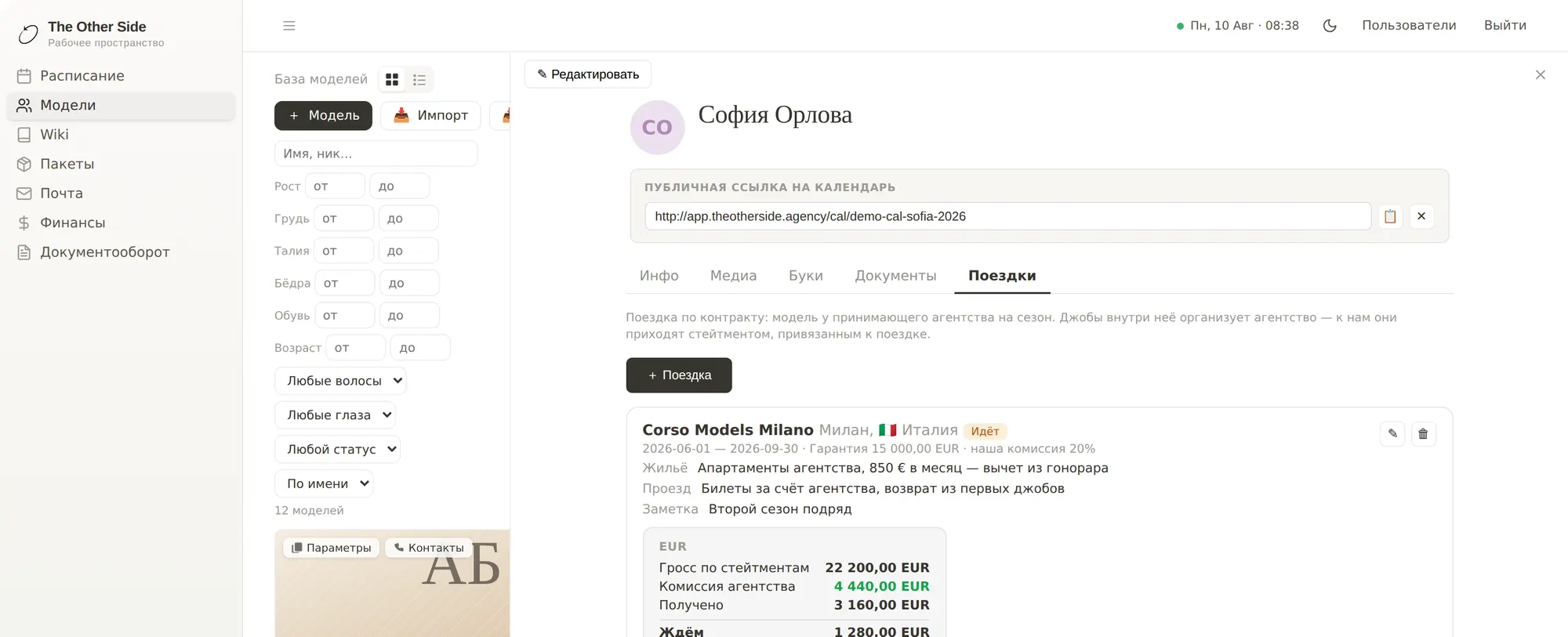 Вкладка «Поездки» на карточке модели: Elite Milano, гарантия, комиссия, жильё и проезд